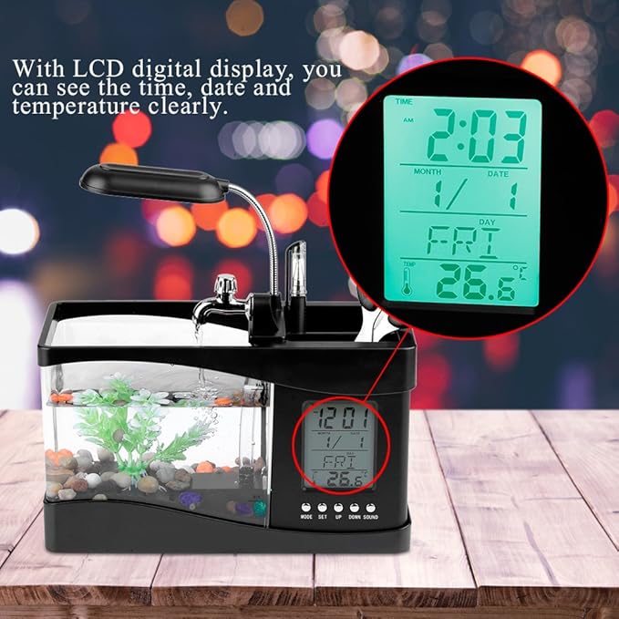 Small Divided Fish Multifunctional USB Rechargeable Mini Fish Aquarium with Clock Function LED Light(Black)