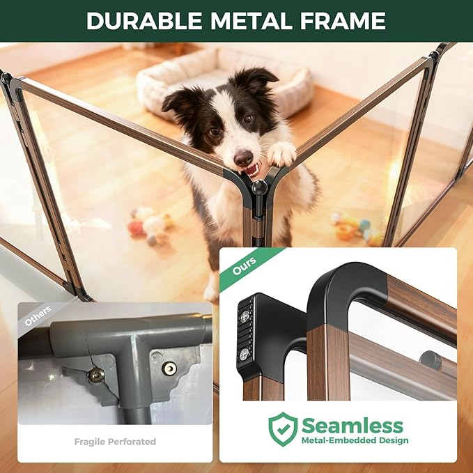 FXW AuraSpace Pro Metal & Acrylic Indoor Dog Playpen, All-Acrylic Clear Heavy-Duty Design, 32" Height 8 Panels for Small and Medium Dogs, Walnut│Patented