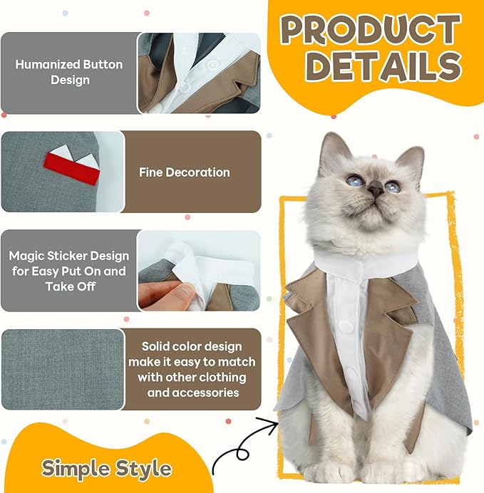 Cat Tuxedo Suit, Stylish Cat Tuxedo Outfit Formal Suit, Kitten Formal Attire Wedding Birthday Onesie Costume for Male Girl Hairless Cats, Pet Fashion Apparel Fancy Clothes, Black, S