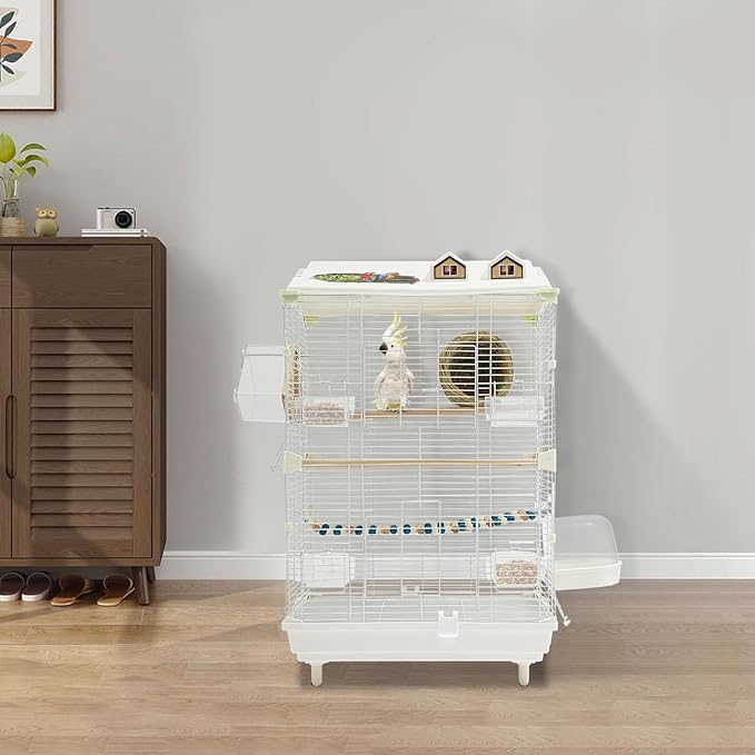 Two-Tier Bird Cage, 30 Inch Pigeons Parrot Birdcage with Safe Rotary Door Lock, White Parakeet Cage for Small to Medium Birds, Easy Access Double Doors. (A)