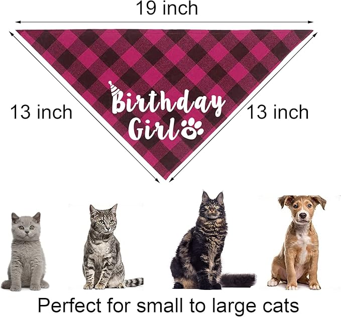 Cat Birthday Decorations, Cat Birthday Hat with Numbers Bandana Bow Tie for Cats Kittens (Pink)