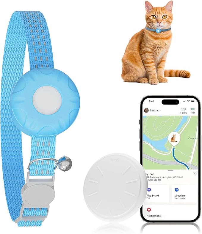 GPS Tracker for Cats, Cat GPS Tracker Compatible with Apple Find My App (Only iOS), No Monthly Fee Cat Tracker, Waterproof (White Tracker, Blue Cat Collar)