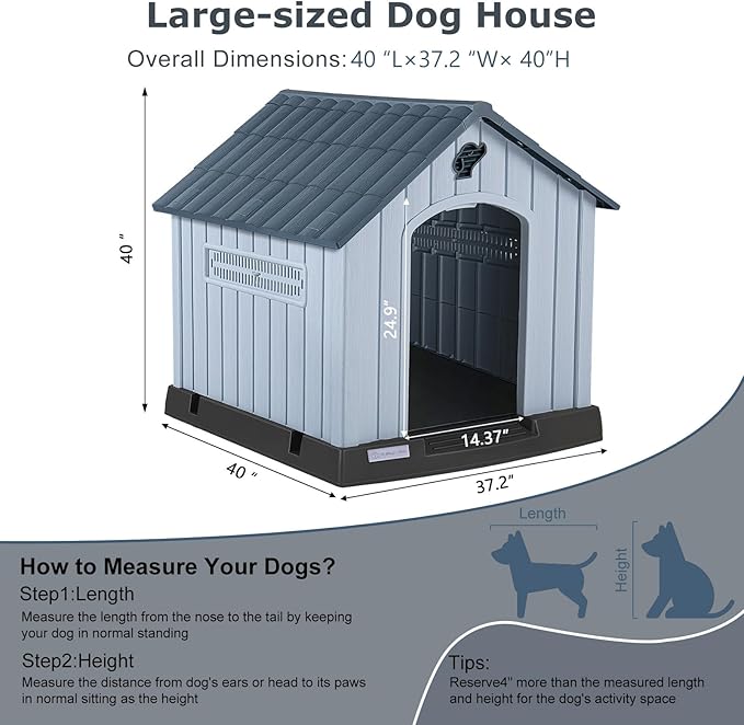 LEMBERI Large Plastic Dog House for Medium Large Dogs, Durable Waterproof Indoor Outdoor Doghouse with Air Vents and Elevated Floor, Easy to Assemble (Gray, 40" L x 37.2" W x 40" H)