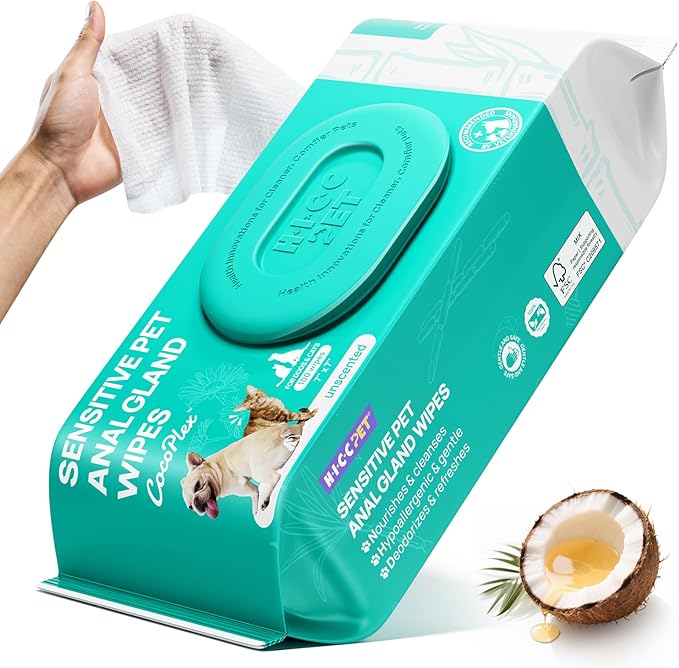 HICC PET Wipes for Dogs & Cats, Vet Recommended Cleaning Deodorizing & Soothing Allergy Infections Anal Gland Wipes, Hypoallergenic Hydrating & Nourish Fur Dog Grooming Wipes for Paw, Butt, Body