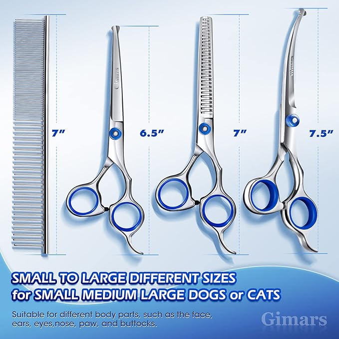 Gimars Professional 5 in 1 Grooming Scissors for Dogs 4CR with Safety Round Tip, Heavy Duty Titanium Coated Straight & Thinning & Curved Shears