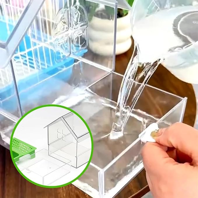 Pull-Out External Parrot Feeder, No Mess Hanging Bird Feeder for Cage, Multi-Function Transparent Bird Seed Platform Parrot Bath Tub Pet Feeding & Watering Supplies Easy to Clean (Green)