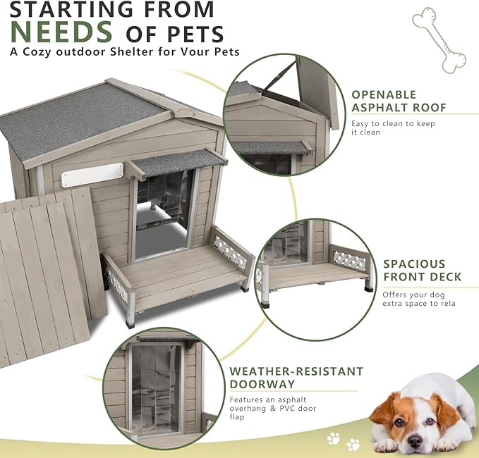 Wooden Dog House Outdoor Weatherproof Chew-Proof Iron Frame, Removable Floor, and Adjustable Window for Small Medium Dogs(Gray, 28.2" L x 18.1" W x 22.4" H)