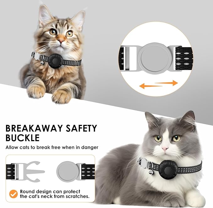 GPS Tracker, Waterproof Pet Tracker for Cats, Cat GPS Tracker Collar with Safety Elastic Buckle, Compatible with Apple Find My App (Only iOS), No Monthly Fee (Black Tracker, Cat Collar)