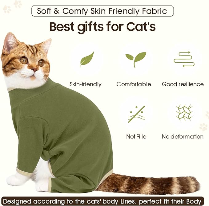 DENTRUN Cat Clothes for Hair Control with Hair Sticky Fabric - Soft Recovery Suit & Breathable Lint-Resistant Cat Sweater for Cats Only, Kitten Onesie Pajamas, M, Army Green