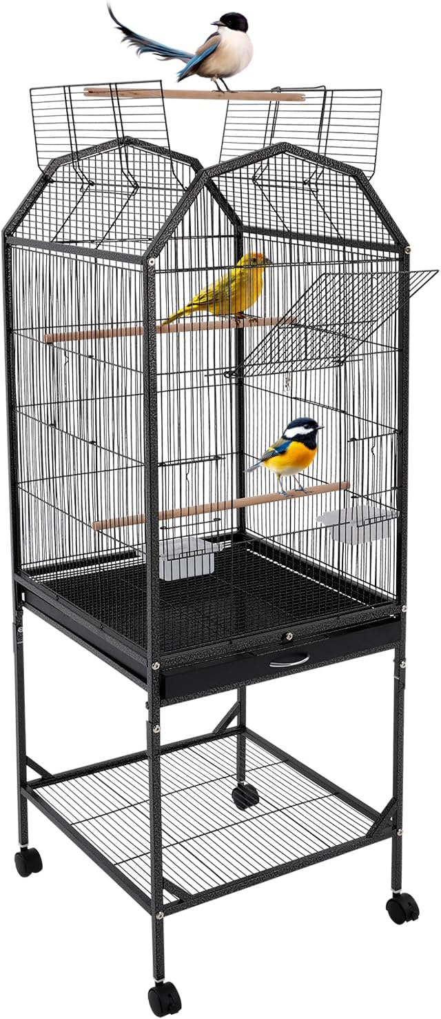 Bird Cage with Wheels, Open Top Breeding Cage Wrought Iron Flight Cage with Rolling Stand, Removable Tray & Feeding Bowls for Parrots, Canaries, Lovebirds Finches, 18" L x 18" W x 54" H