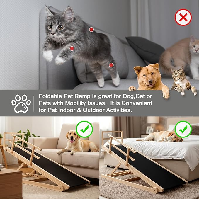 SLSY Dog Ramp for Beds & Couches, Upgraded Folding Adjustable Ramp with Non-Slip Rubber Mat, 55" Long, 5 Heights (15.7"–27.5"), Portable Wooden Step Supports Up to 220 lbs for Dogs & Cats (Natural)