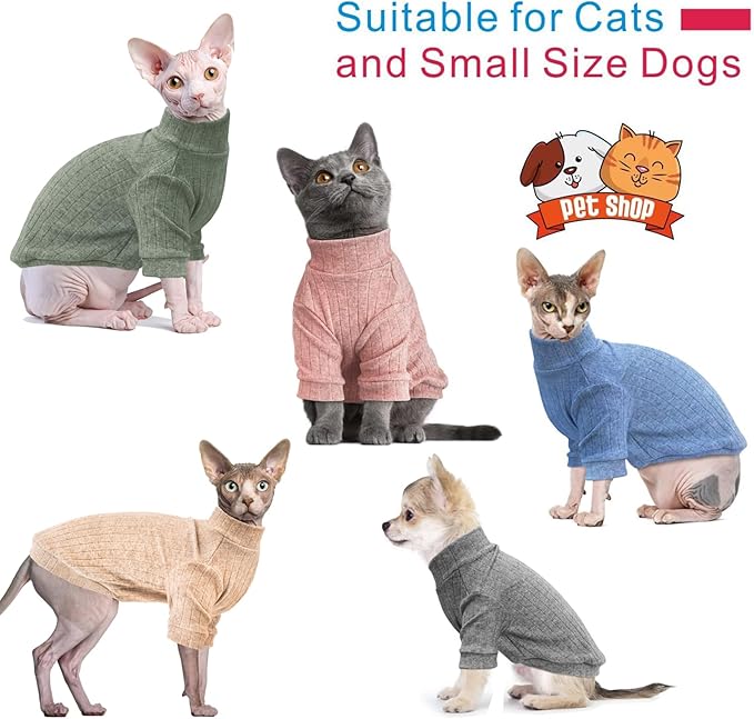 Idepet Sphynx Hairless Cats Sweater Shirt Kitten Soft Puppy Clothes Pullover Cute Cat Pajamas Jumpsuit Cotton Apparel Pet Winter Turtleneck for Cats and Teacup Chihuahua Small Dogs(Blue,XS)