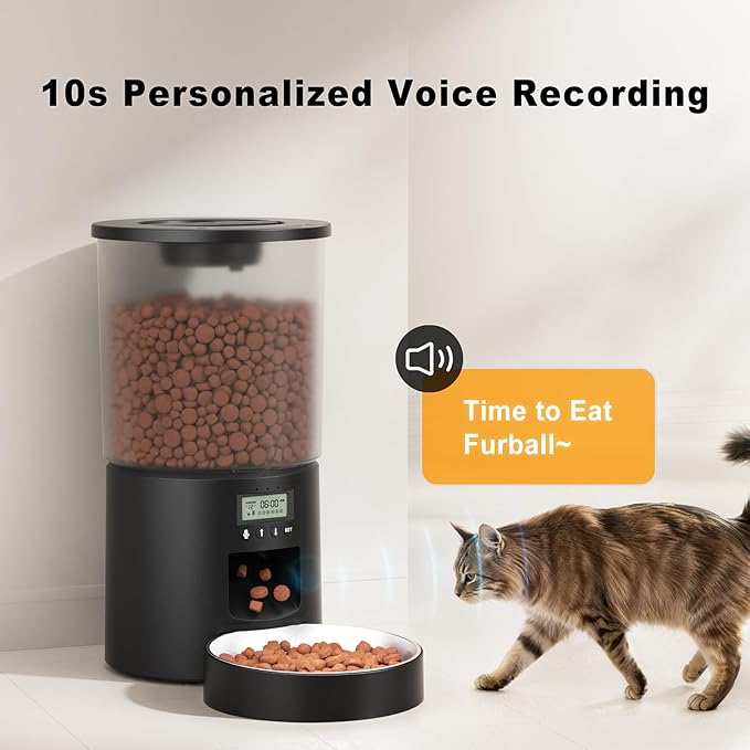 Automatic Cat Feeder 4.2L Cats,6 Meals/Day,Dual Power Portion Control Feeder,Dry Pet Food Auto Dispenser,Timer Setting,10S Voice Record (Transparent Black, Stainless Steel 2 Bowls)