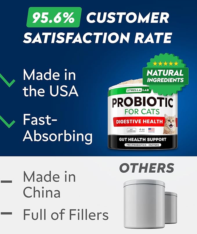 StrellaLab Cat Probiotic Powder - Probiotics for Cats with Diarrhea - Easy to Mix Powder - Cat Probiotics for Indoor Cats, Health Supplies Food Supplement, Pet Probiotics, Digestive Support (4 oz)
