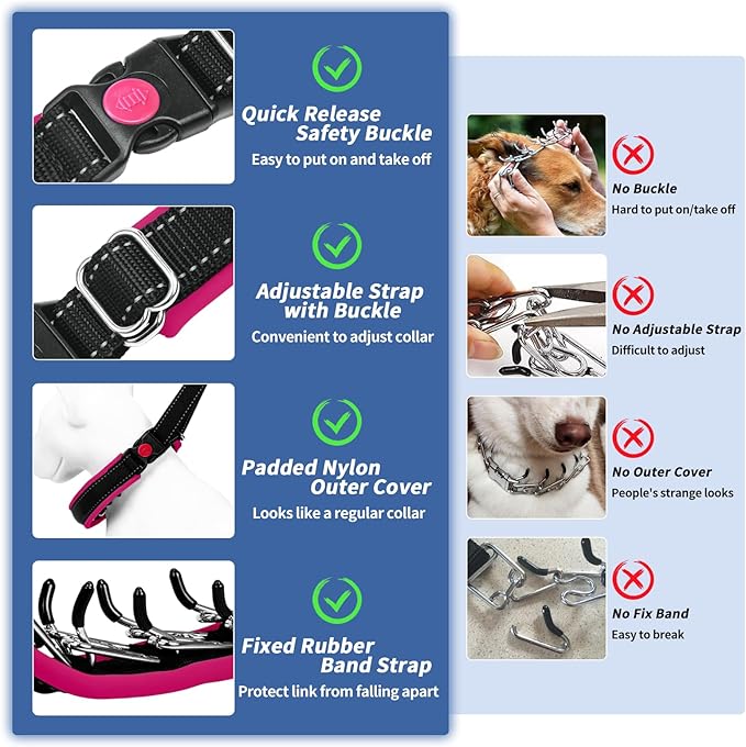 Martingale No Pull Dog Collar - Heavy Duty Nylon With Buckle, Adjustable Anti Pull Reflective Slip Collar for Large Medium Small Dog Training Walking L Hot Pink