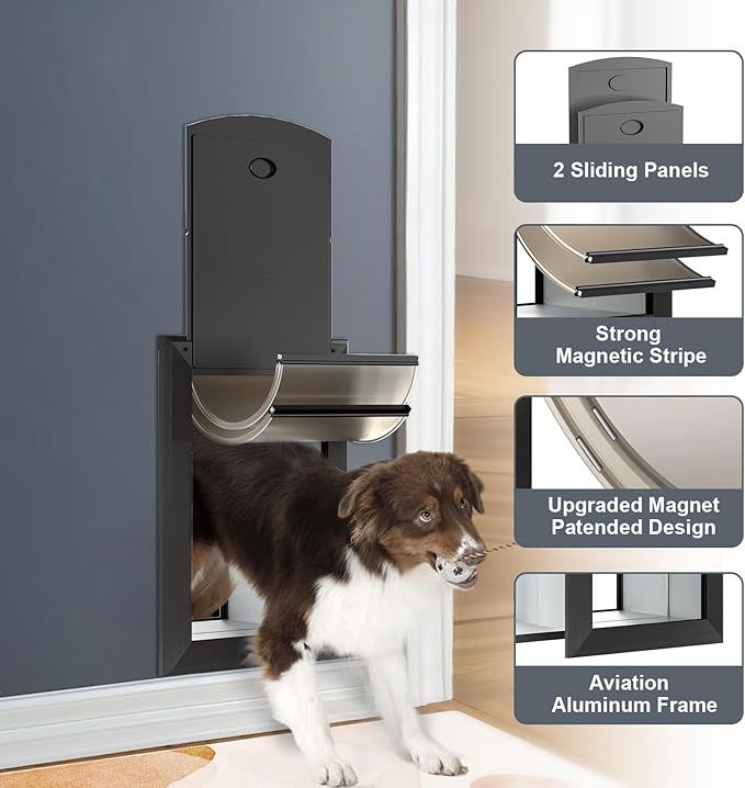Heavy Duty Dog Door for Wall, Energy Efficient Doggie Door with Aluminum Frame, Telescoping Tunnel, Double Magnetic Flaps and Two Sliding Lock Panels, Easy to Install, Black, Large