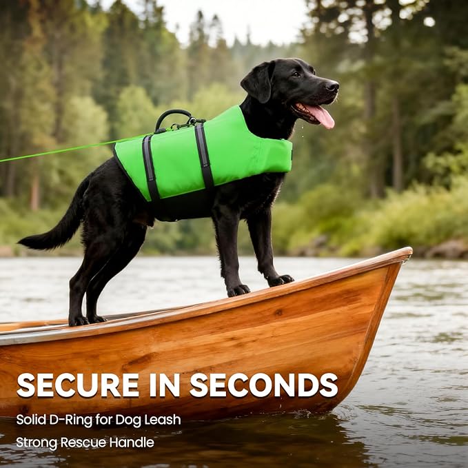 VIVAGLORY Rip Stop Dog Life Vest, Swimming Vest with Handle, Buoyancy for Doggy Puppy, Dog Life Jacket for Swimming & Boating, L, Bright Green