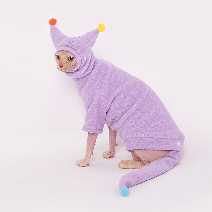 Sphynx Cat Clothes, Warm Cat Jumpsuit with Hat and Tail Cover, Full Set for Hairless Cats, Cornish Rex and Devon Rex (Purple, XS(1-2lbs))