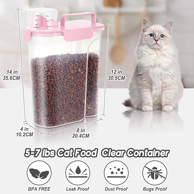 5-7Lbs Dog Cat Food Storage Container with Upgraded Large Nozzle BPA-free, 4 Snap Seals Plastic Pet Food Storage Containers with Handles (Light Pink, 5L-1pack)