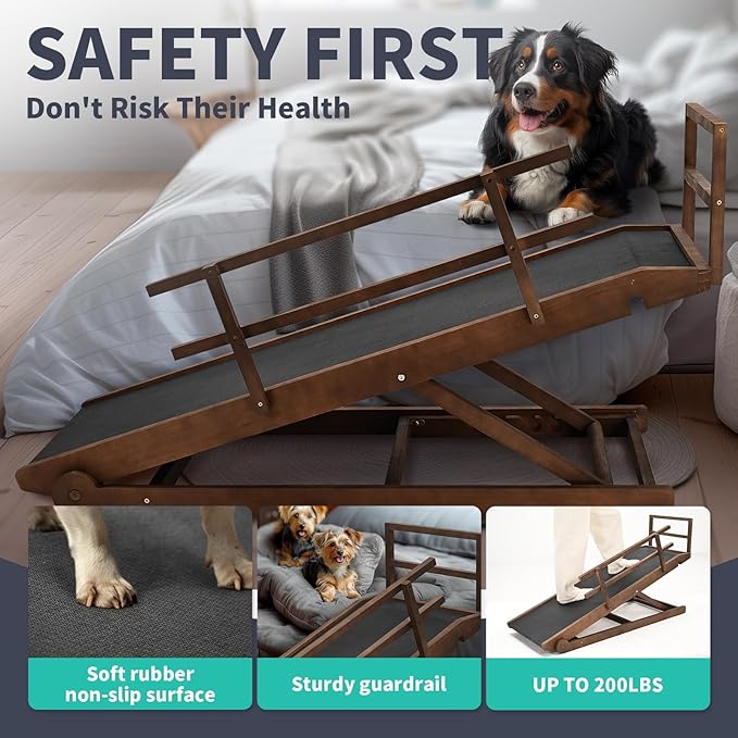 Dog Ramp, 5 Level Adjustable Height Folding Pet Ramp for High Bed, Portable Paw Ramps Large Bed Ramp for Medium & Large Old Dogs & Cats - Natural Wood Furniture Quality