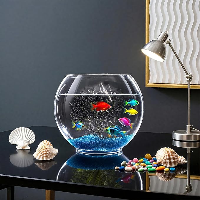 Okllen Mini Glass Fish Bowl, Oblate Small Fish Tank with Blue Aquarium Decor Sands and Plastic Coral Branch Tree Ornament for Betta Fish Aquarium, 1Gallon