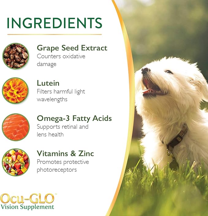 Ocu-GLO Cat & Dog Supplement for Eye Support - Chewable Vision Vitamins Supplements for Small and Medium Pets with Lutein, Omega-3 Fatty Acids, Grape Seed Extract & Antioxidants