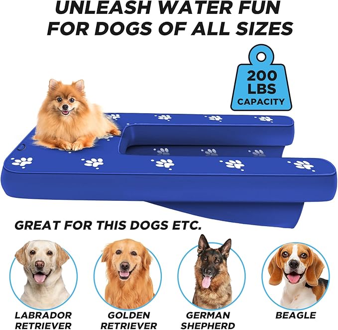 Inflatable Dock Platform, Dog Boat Ramp Floating Non-Slip Oxford and PVC with Water Ramp for Dogs Pool, Dock, Lake with Traction Rope, Manual Air Inflation Pump Dark Blue (4.7ft x 3ft x 6in)