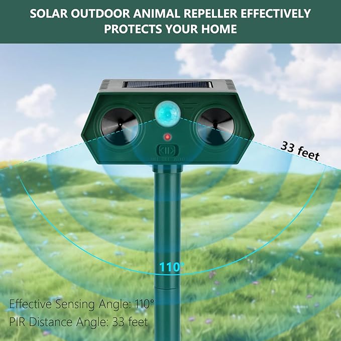 2 Pack 2026 Ultrasonic Animal Repellent Outdoor Cat Repellent Devices Solar Animal Repeller Motion Activated Deterrent to Scare Deer Squirrel Rabbit Raccoon Skunk for Yard Lawn Outdoor
