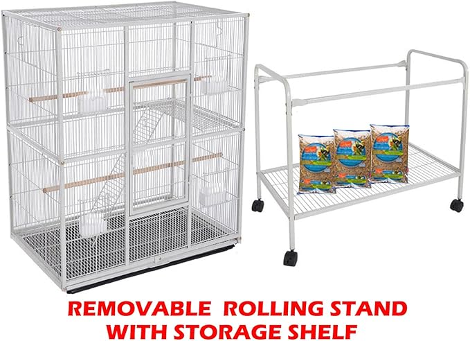 64" Extra Large Wrought Iron Metal Tight 1/2-Inch Bar Spacing Bird Flight Breeder Cage with Side Breeding Nesting Box Doors Easy Clean Pull Out Tray with Removable Rolling Stand