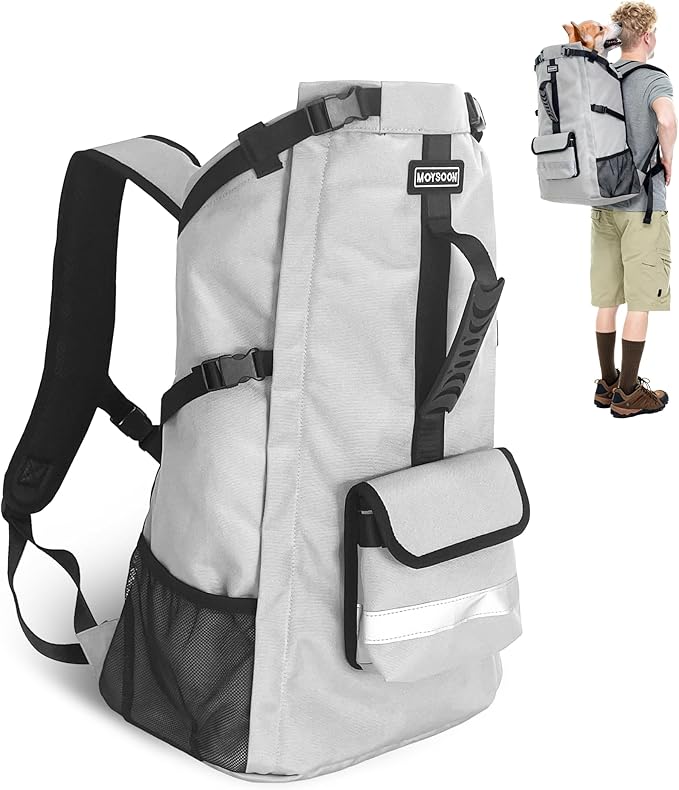 Dog Backpack Carrier for Medium Dogs - 4-Layer Protection, Under 30 lb, Waterproof, Adjustable Dog Travel Bag with Storage Pockets, Reflective Strips, Non-Slip Handle for Hiking - Grey