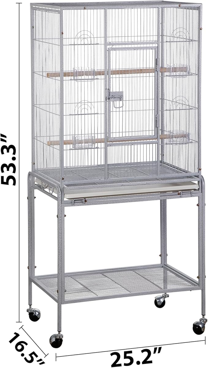 53 Inch Height Wrought Iron Standing Parrot Large Flight Bird Cage with Rolling Stand Birdcages for Parakeet Cockatiel Conure Lovebird Finch, White