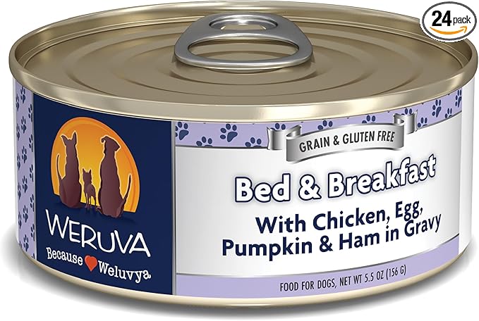 Weruva Classic Dog Food, Bed & Breakfast with Chicken, Egg, Pumpkin & Ham in Gravy, 5.5oz Can (Pack of 24), Blue