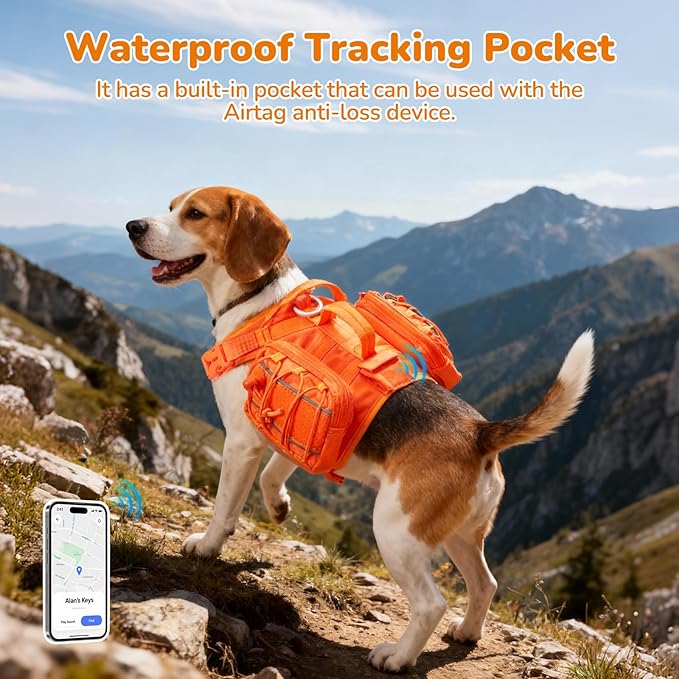 Medium Dog Harness Backpack, No Pull Adjustable Dog Vest with Handle & Leash Ring, Lightweight Dog Backpack with Side Pockets for Walking, Training & Day Hikes, Orange, M