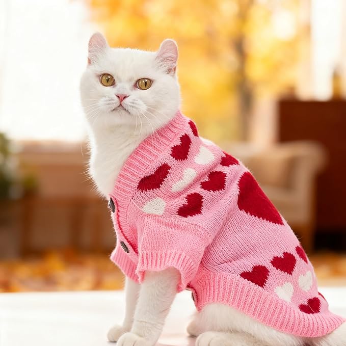 EXPAWLORER Cat Valentines Outfit Sweater Cardigan - Valentine's Day Knit Cat Clothes, Soft Puppy Sweater with Sleeve, Cute Warm Pet Clothing Knitwear, Kitten Coat for Girl Boy Cats, Love Heart M