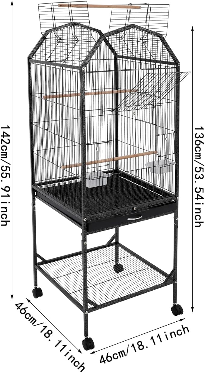 Bird Cage with Wheels, Open Top Breeding Cage Wrought Iron Flight Cage with Rolling Stand, Removable Tray & Feeding Bowls for Parrots, Canaries, Lovebirds Finches, 18" L x 18" W x 54" H