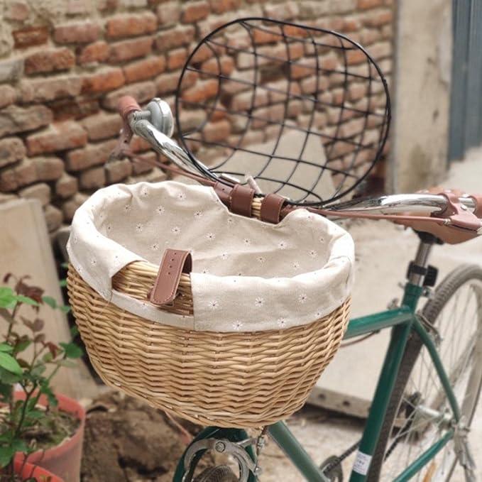 Wicker Bike Basket for Small Dogs Cats Pet Carrier Bicycle Front Basket with Wire Mesh Cover, 30*25cm