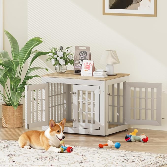 32" Heavy Duty Dog Crate Furniture for Small,Medium and Large Dogs,Rustic Wooden Dog Cage Kennel Indoor Furniture with Waterproof Top,Decorative Pet House Side End Table (White & Wood)