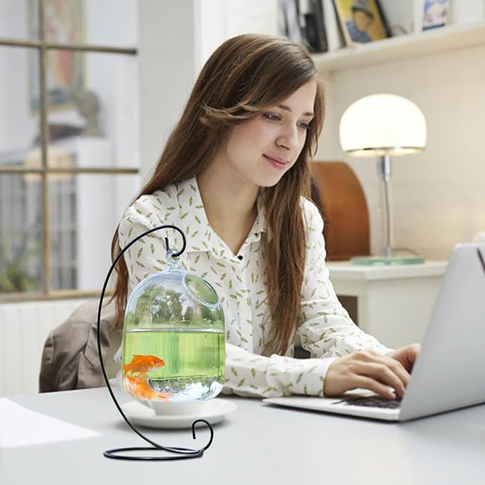Hanging Transparent Fish Bowl with Stand, Space-Saving Glass Vase Aquarium for Home & Office