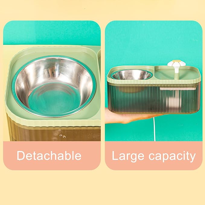 2 in 1 Cat Water Fountain and Food Bowl,Cat Fountain Water Bowl,Pet Water Bowl Fountain,Automatic Pet Water Dispenser,Cat Food and Water Bowl Set,Cat Feeding and Watering Supplies(Green)