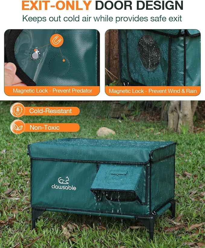 Indestructible Heated Cat House for Outside Winter, 100% Waterproof, Safe Escape Door, Insulated Outdoor Cat Shelter with Heater for Feral Barn Cat Kitty (Forest Green, 13"x17"x18")