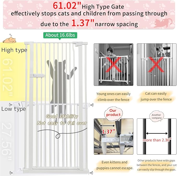 Lumizone Extra Tall Cat Gate 61.02" High Pressure Mounted Extra Wide 2025 New (17 Sizes) 1.37" Gap No Drilling Auto-Close One-Handed Operation Tall Pet Gate for Dogs(White, 61.02" H x 34.25"-38.38" W)