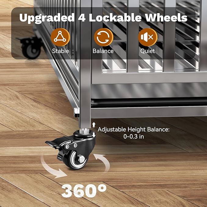 37" Heavy Duty Dog Crate, Escape Proof Stainless Steel Dog Kennel with Top Opening, 4 Lockable Wheels, Easy Clean Metal Dog Cage for Medium-Large/Anxious Dogs