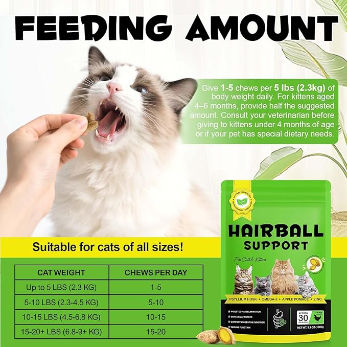 Hairball Control Cat Treats - Cat Hairball Remedy & Relief for Cats - Cat Hairball Control with Psyllium Seed Husk and Vitamins, Promotes Skin & Coat, Digestive, Urinary Health (2 Pack 200g)