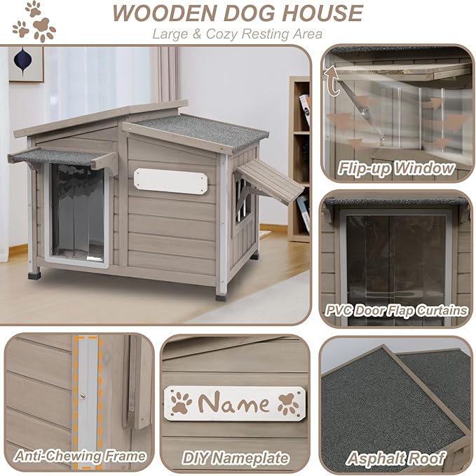 34" L Outdoor Dog House with Removable Floor, Raised Feet, Anti-Chewing Iron Frame – Weatherproof Wooden Kennel with Roof, Movable Window for Indoor/Outdoor Use, Ideal for Small to Medium Dogs
