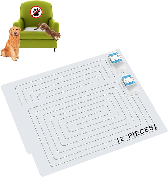 SEERWAY 2-Pieces Pet Shock Mat for Dogs & Cats - Keep Pets Off Couch, Bed, Kitchen Counter with 3 Training Modes, Waterproof & Adjustable Deterrent Mat