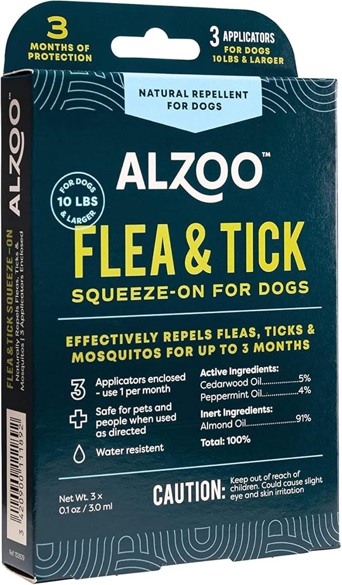 ALZOO Natural Flea & Tick Squeeze-On for Dogs, Helps Repel Fleas, Ticks & Mosquitos, Up to 3-Months Protection, Plant-Based Active Ingredients, Water-Resistant, 3 EZ-On Applicators Per Pack