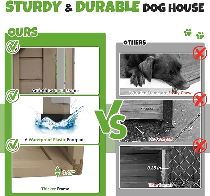 Large Wooden Dog House Outdoor, XL Weatherproof Dog Houses with Adjustable Vent Windows, Alloy Chew-Resistant Frame, Removable Floor for Medium & Large Dogs (43.3" Lx26.4 W x33.7 H)