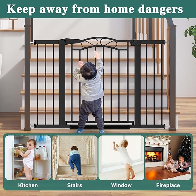 Fairy Baby 51.6"-54.3" Extra Wide Baby Gate with Door, 52 53 54 Inches Walk THR Baby Gates for Stairs Pressure Mounted no Drill, Indoor Tension Metal Child Pet Dog Safety Gate for Kids, Black