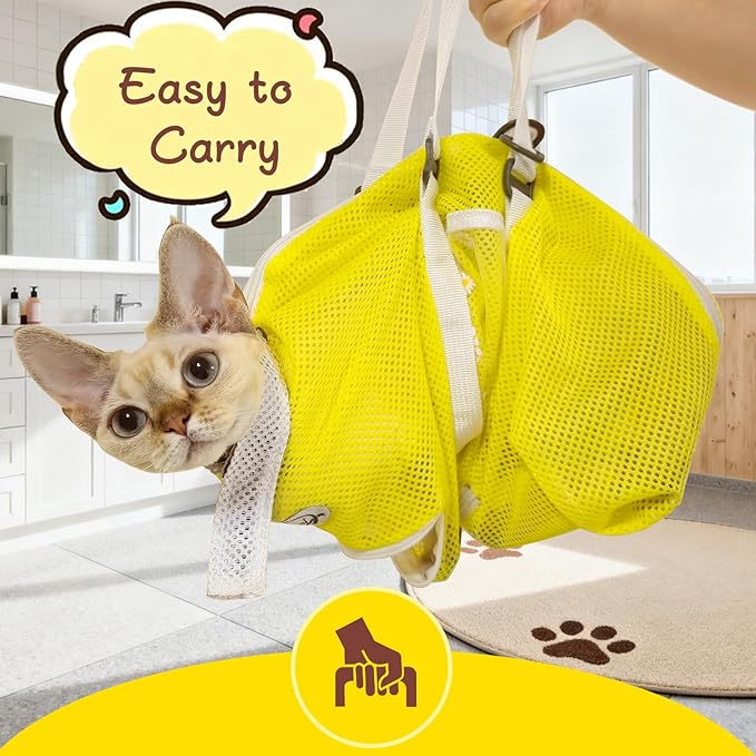 Cinf Cat Bathing Bag(Free Muzzle) Breathable Mesh Anti Scratch Adjustable Cat Grooming Bag for Nail Trimming, Bathing Soft Cat Washing Bag(Yellow) M