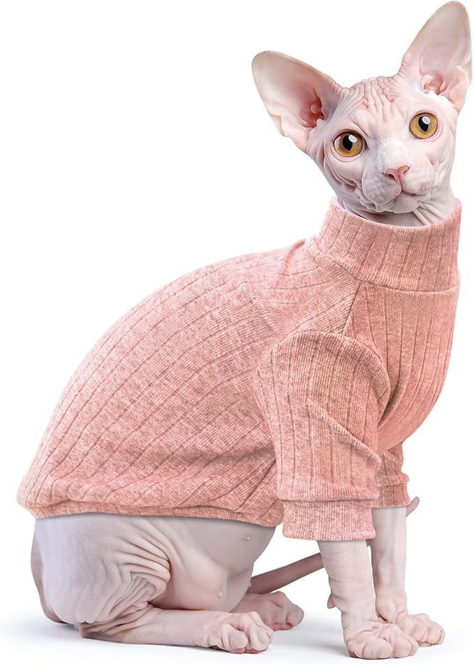 Idepet Sphynx Hairless Cats Sweater Shirt Kitten Soft Puppy Clothes Pullover Cute Cat Pajamas Jumpsuit Cotton Apparel Pet Winter Turtleneck for Cats and Teacup Chihuahua Small Dogs(Pink,XXL)